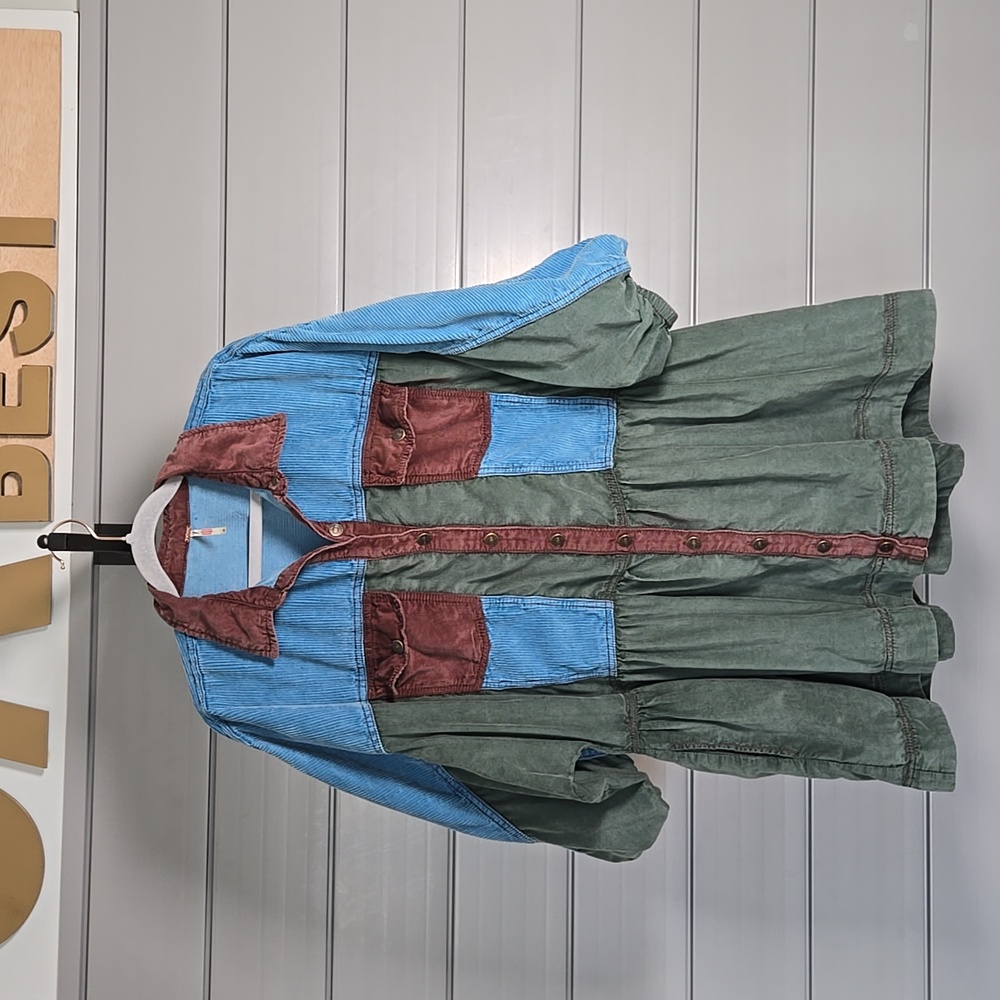 Free People Wild Roads Blue and Green Mini Cord Dress/Shacket - Size Small - Picture 5 of 16